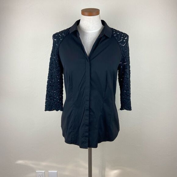 Lafayette 148 Collared 3/4 Lace-Sleeve Button-Down Shirt - Black - Picture 2 of 7